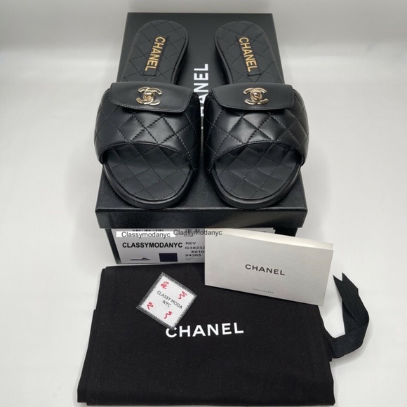 Chanel NIB Black Slides Turnlock Gold CC Logo Quilted Slide Flat Flop Sandals - Picture 12 of 12